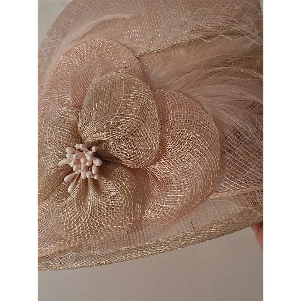 Women's Sinamay Cloche Pink Derby, Church, Wedding Hat Bow Netting Feathers
